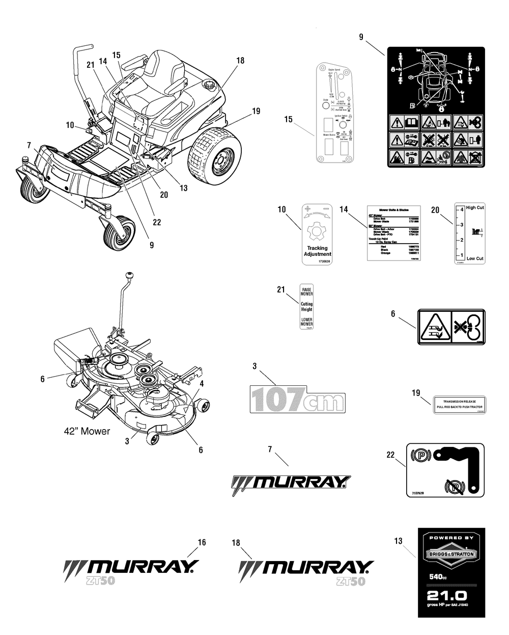 Decals Group (D7501728) Diagram and Parts List for 7800629-E20M42 2010 Briggs and Stratton Lawn Tractor Accessories